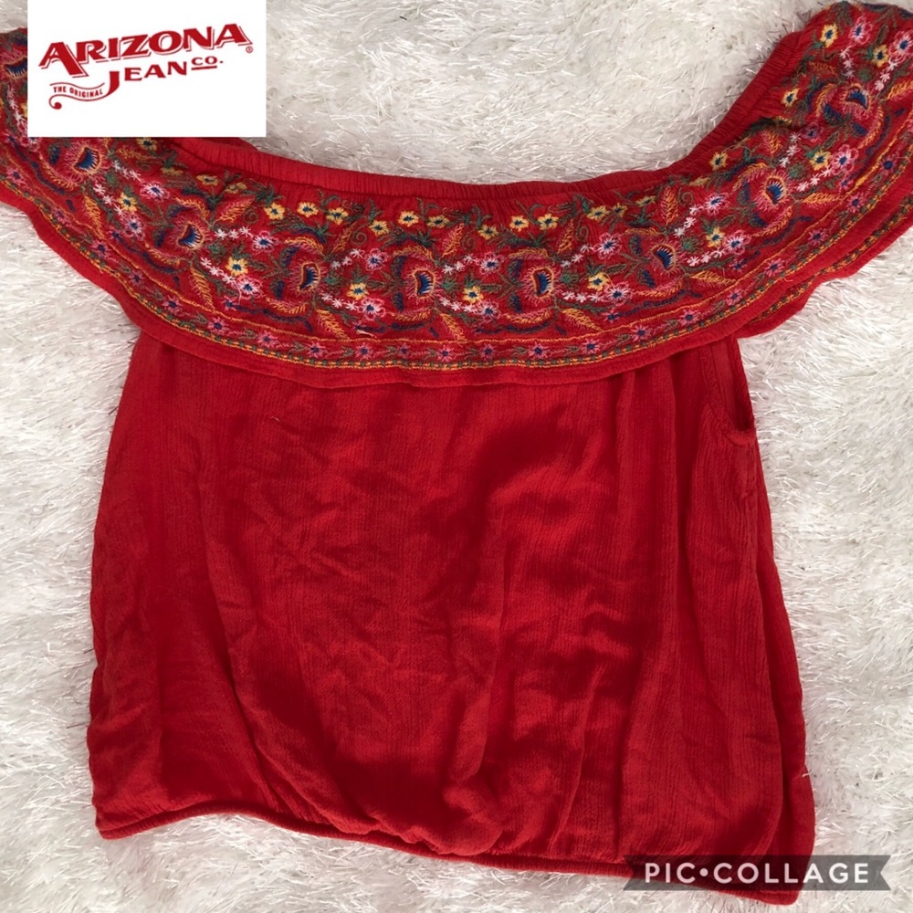 Short, red, off the shoulder top